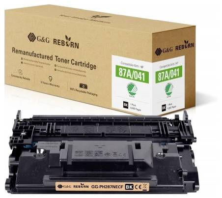 Toner cartridge and packaging by G&G Reborn, Model 87A/041, compatible with HP printers, contains a cartridge for 9,000 pages.