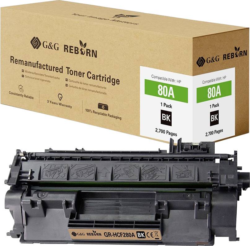 A remanufactured toner by G&G Reborn, compatible with HP 80A BK, for 2,700 pages, with eco-friendly packaging.