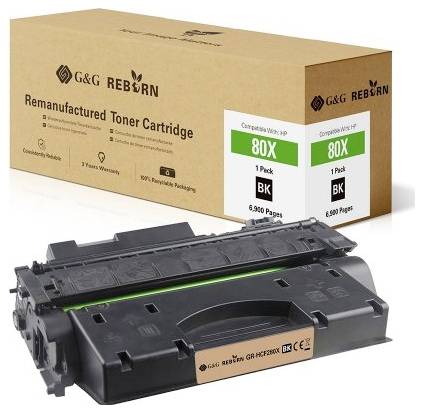 Renewed G&G 80X BK Toner Cartridge with Packaging. Suitable for 6,900 pages. 3-year warranty, environmentally packaged.