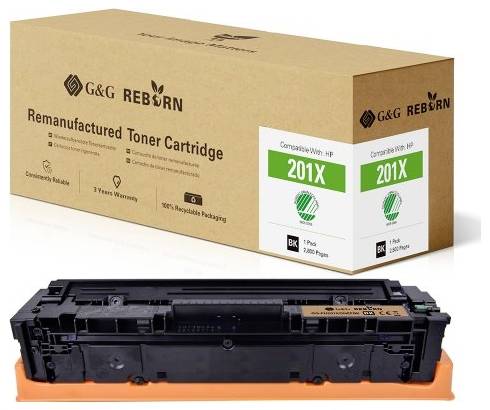 The pictured toner is a remanufactured printer toner by G&G Reborn, compatible with HP 201X, colour Black, for 2300 pages.