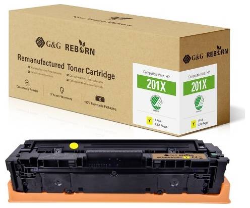 Toner cartridge and packaging by G&G Reborn, compatible with HP 201X, for approximately 2,300 pages, environmentally friendly design.