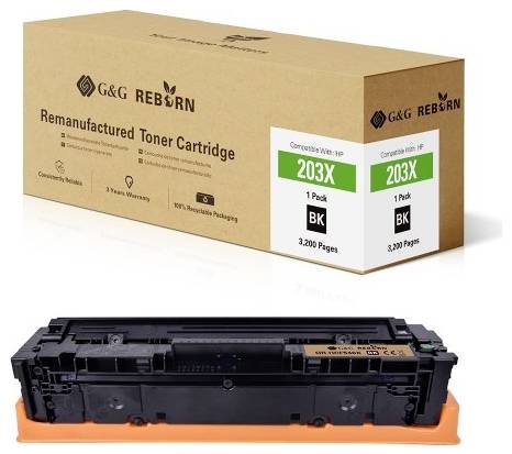 HP-compatible recycled toner cartridge, Model 203X in Black, in box. 3,200 page capacity. Environmentally friendly packaging.