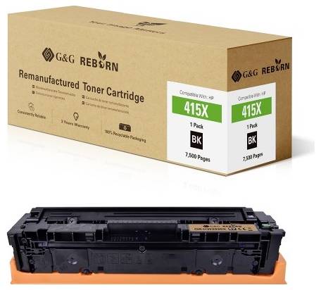 A refilled toner cartridge by G&G Reborn for HP printers, Model 415X, suitable for 7,500 pages. Environmentally friendly packaging.