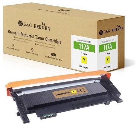 Yellow, remanufactured toner cartridge by G&G for 700 pages. Packaging labelled: 'Remanufactured Toner Cartridge'.
