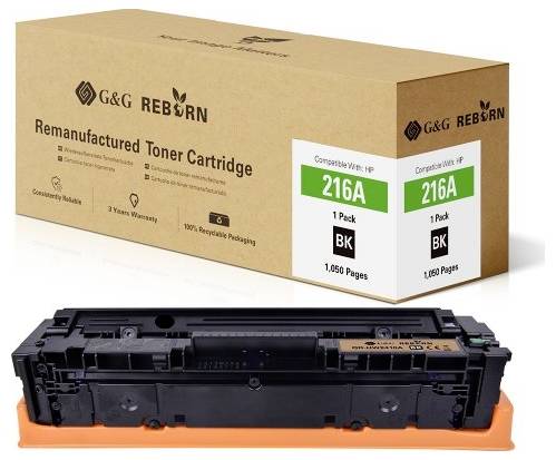 A refurbished toner cartridge by G&G Reborn, compatible with HP 216A. Packaging note: '1,050 pages'.