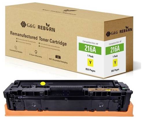 G&G Reborn Toner Cartridge, compatible with HP 216A, yellow, designed for 850 pages, presented in recycled packaging. Main cartridge is black with an orange base.