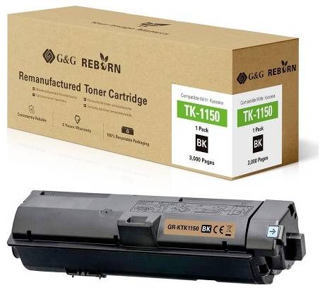 Toner cartridge for Kyocera TK-1150. G&G Reborn, remanufactured cartridge. 1 pack, Black, 3,000 pages.