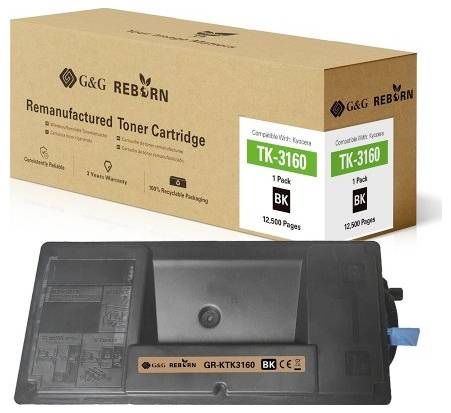 A recycled G&G toner cartridge for Kyocera TK-3160, 1 pack, suitable for 12,500 pages. Contains recyclable packaging.