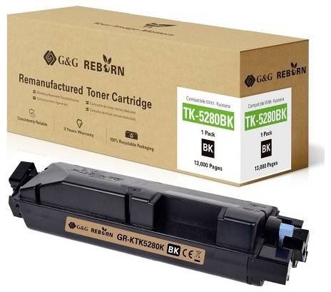 Black toner cartridge 'TK-5280BK' by G&G Reborn for Kyocera printers. On the packaging: Environmentally friendly and 13,000 pages.