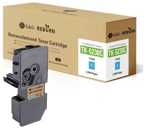 Toner cartridge in packaging with label 'Remanufactured Toner Cartridge', model 'TK-5230C'. Suitable for Kyocera, 2200 pages, colour Cyan.
