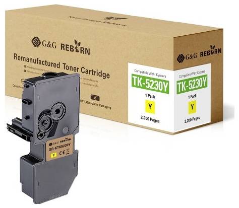 Used toner cartridge by G&G Reborn, compatible with Kyocera TK-5230Y. Yellow, sufficient for 2200 pages. Environmentally packaged.