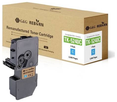 Remanufactured G&G Reborn Toner Cartridge, Model TK-5240C, compatible with Kyocera, prints 3,000 pages, eco-friendly packaging.