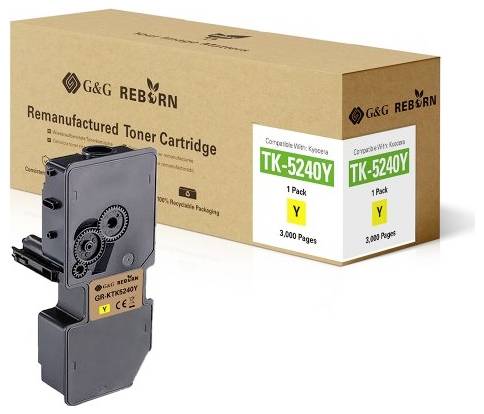 Toner Cartridge G&G Reborn, Model TK-5240Y, compatible with Kyocera, prints 3,000 pages. Packaging in the background.
