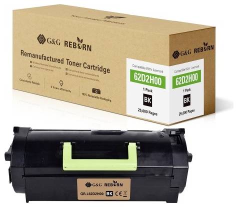 The illustration shows a recycled toner cartridge from G&G Reborn with model number 62D2H00. The packaging promises 25,000 pages.