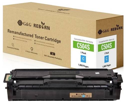 Remanufactured G&G Reborn toner cartridge with compatible Samsung C504S cyan cartridge, suitable for 1,800 pages.