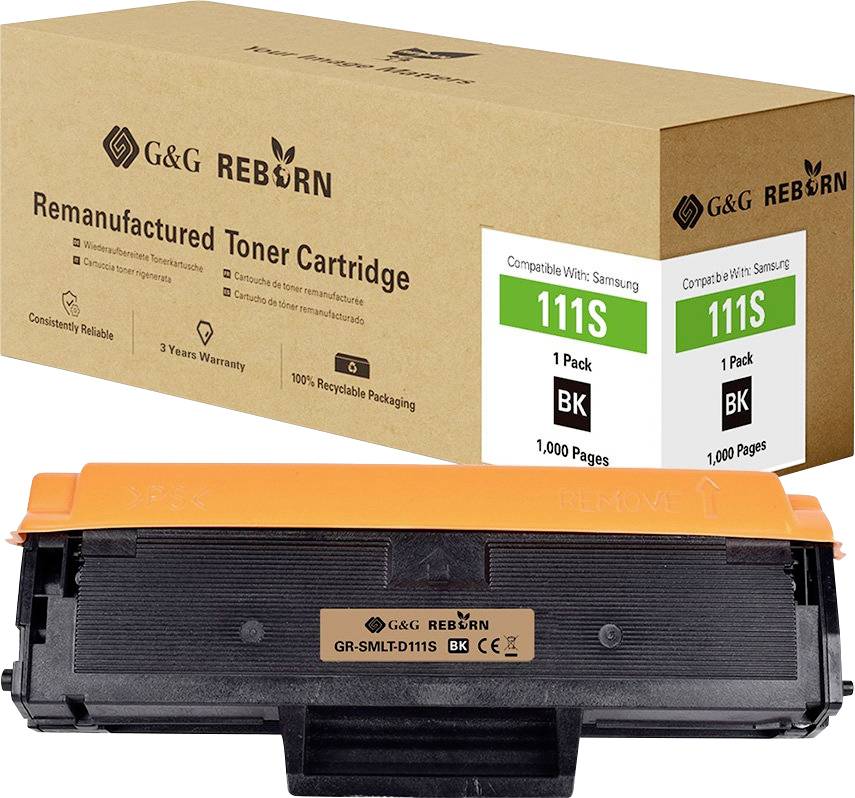 Cardboard packaging and black toner cartridge. The packaging reads 'Remanufactured Toner Cartridge', compatible with Samsung 111S.