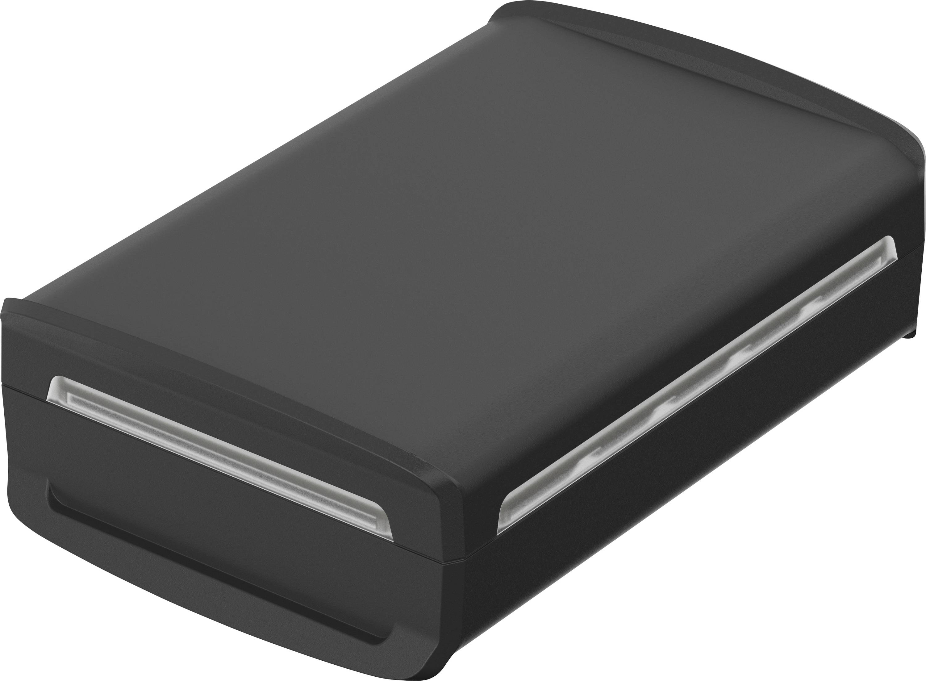 A rectangular, black plastic container with rounded corners and a transparent lid, used for storage.