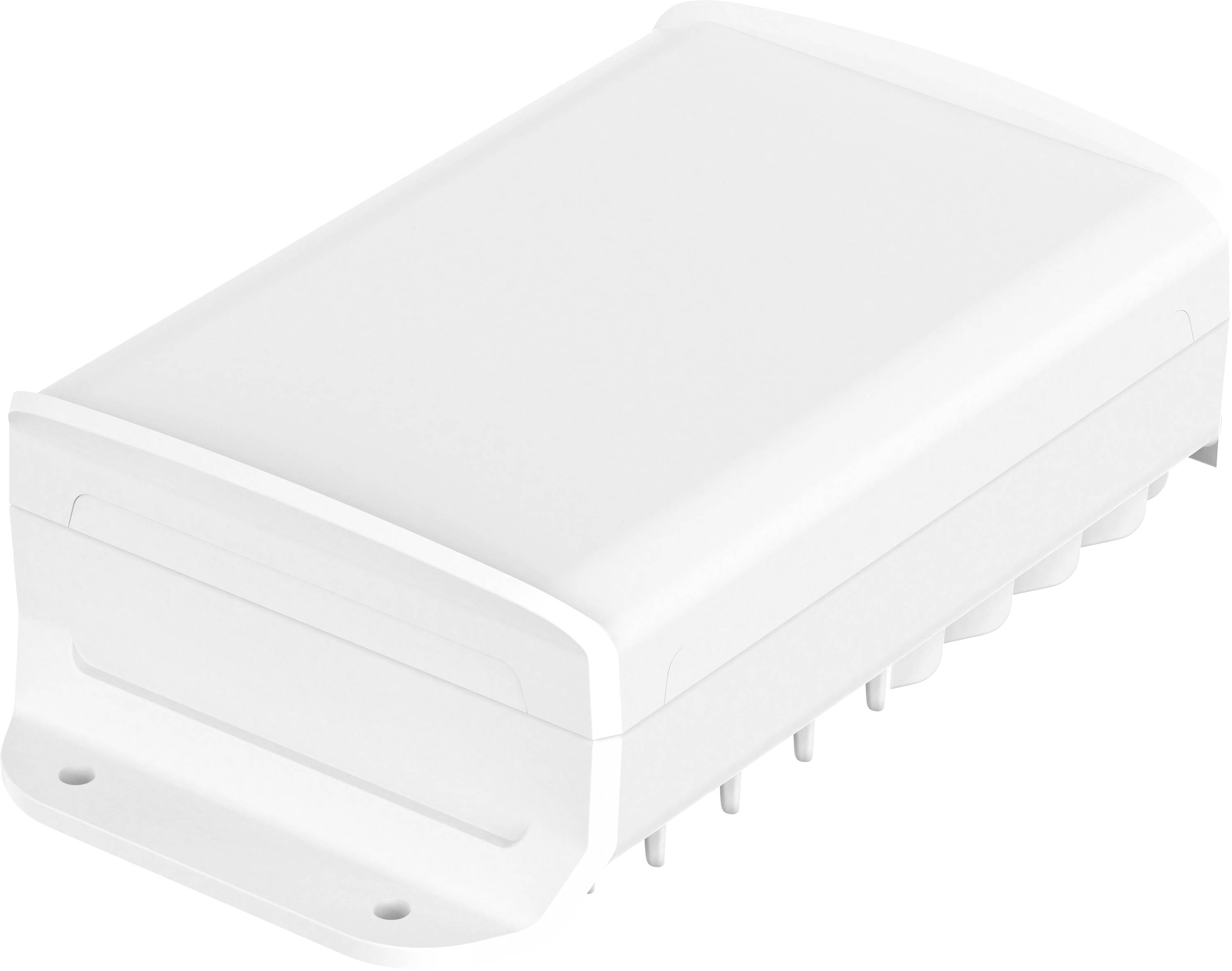 White, rectangular plastic enclosure with rounded corners and mounting holes on the underside, possibly for electronic devices.