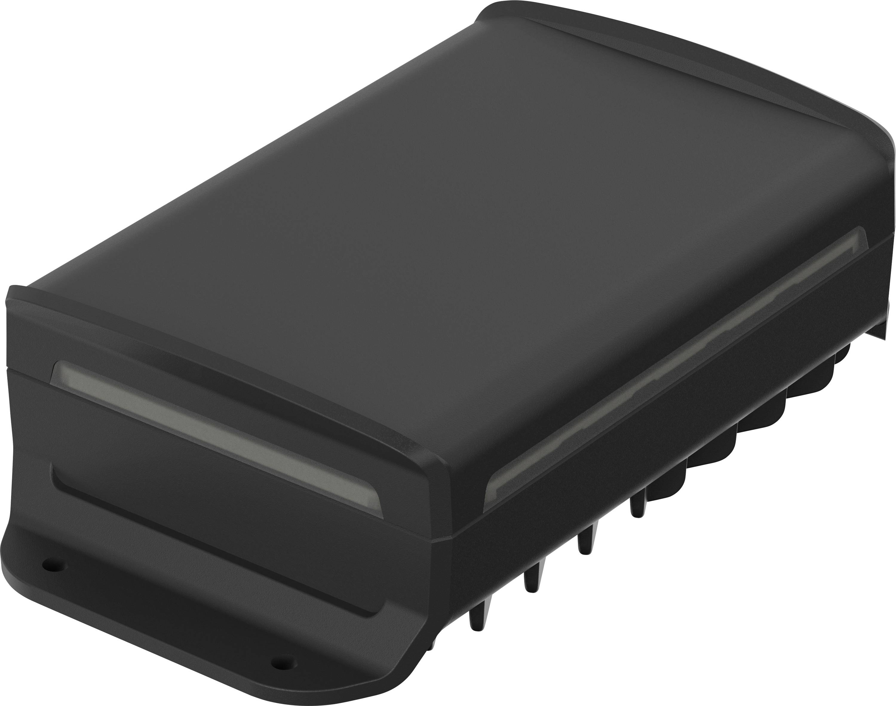 A black, rectangular electronic device with rounded corners and side mounting holes.