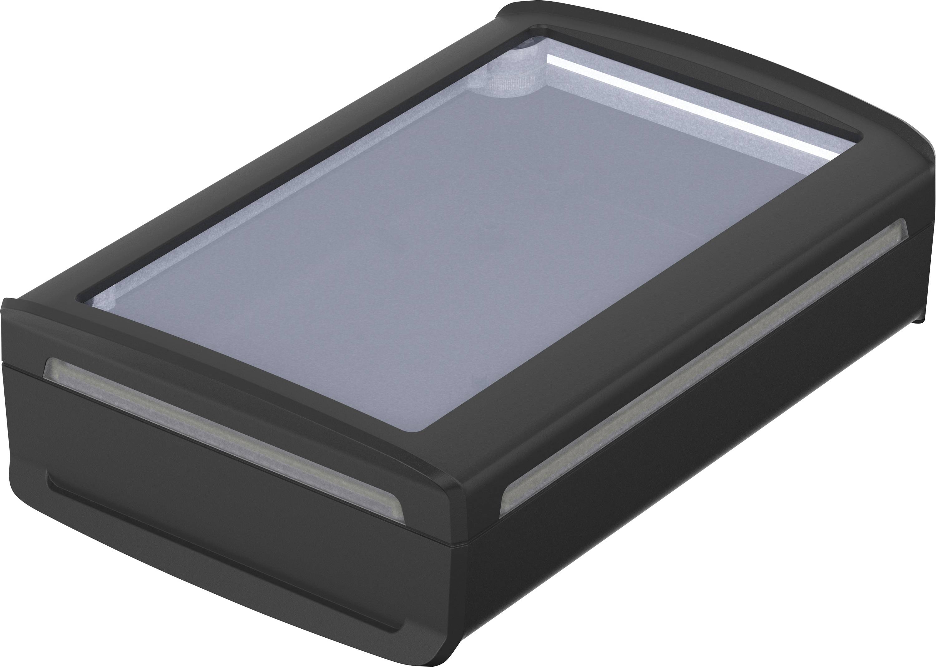 Black housing with transparent lid, rectangular shape. Used for storing or protecting electronic devices.