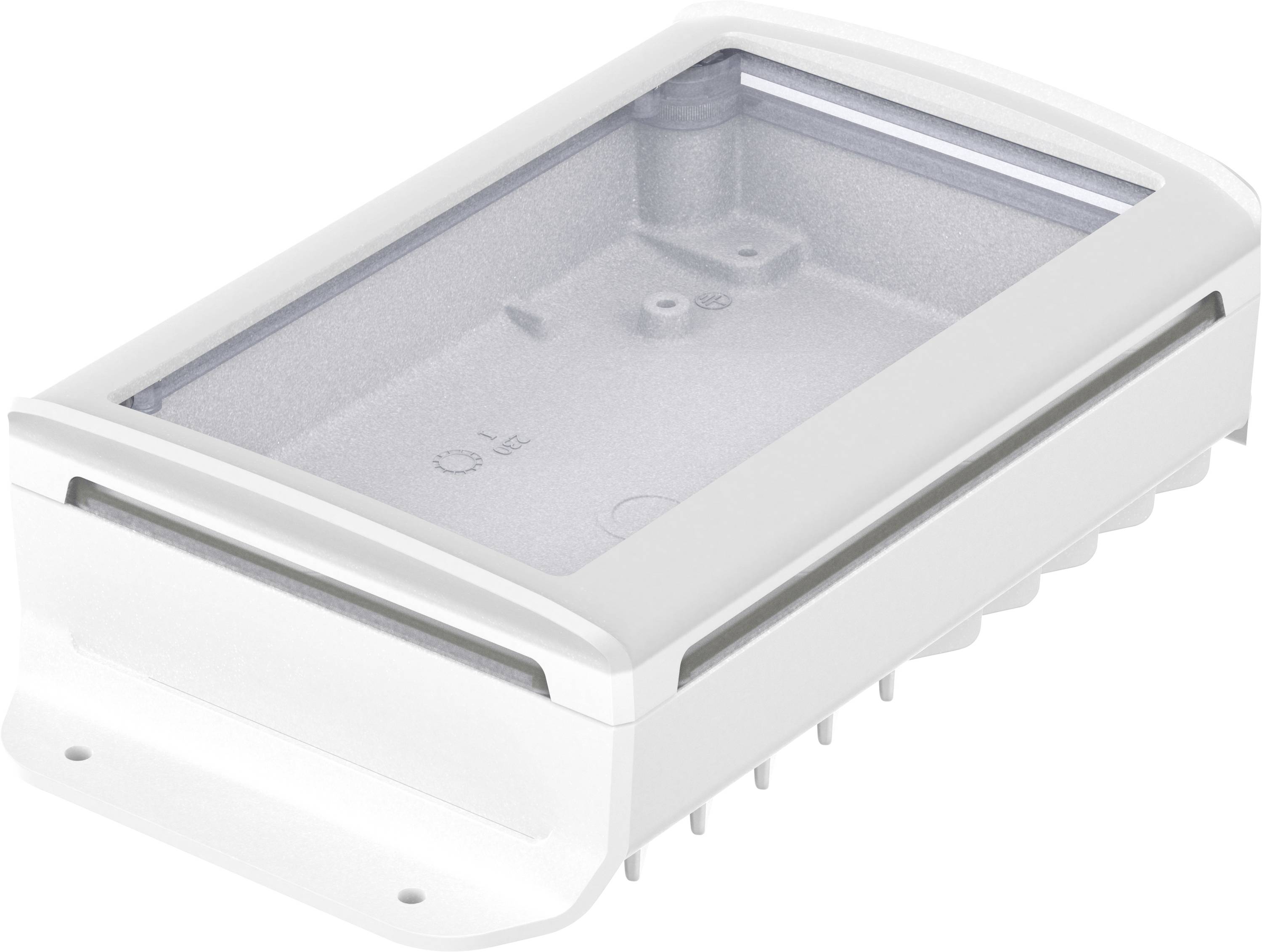 A rectangular white plastic enclosure with a transparent lid and mounting options on the underside.