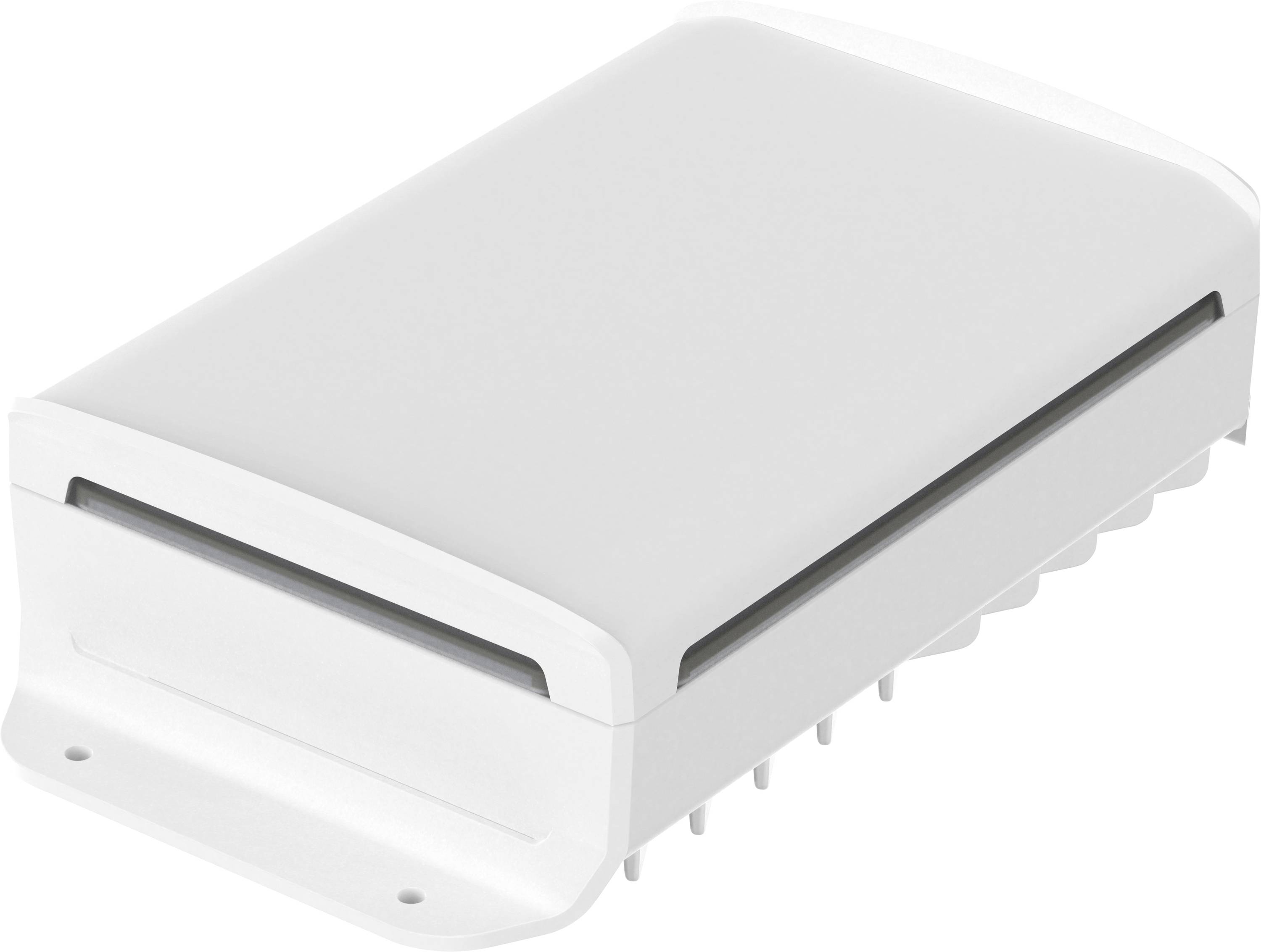 A white electronic device with a socket area on its underside, potentially for data connection or interfaces.