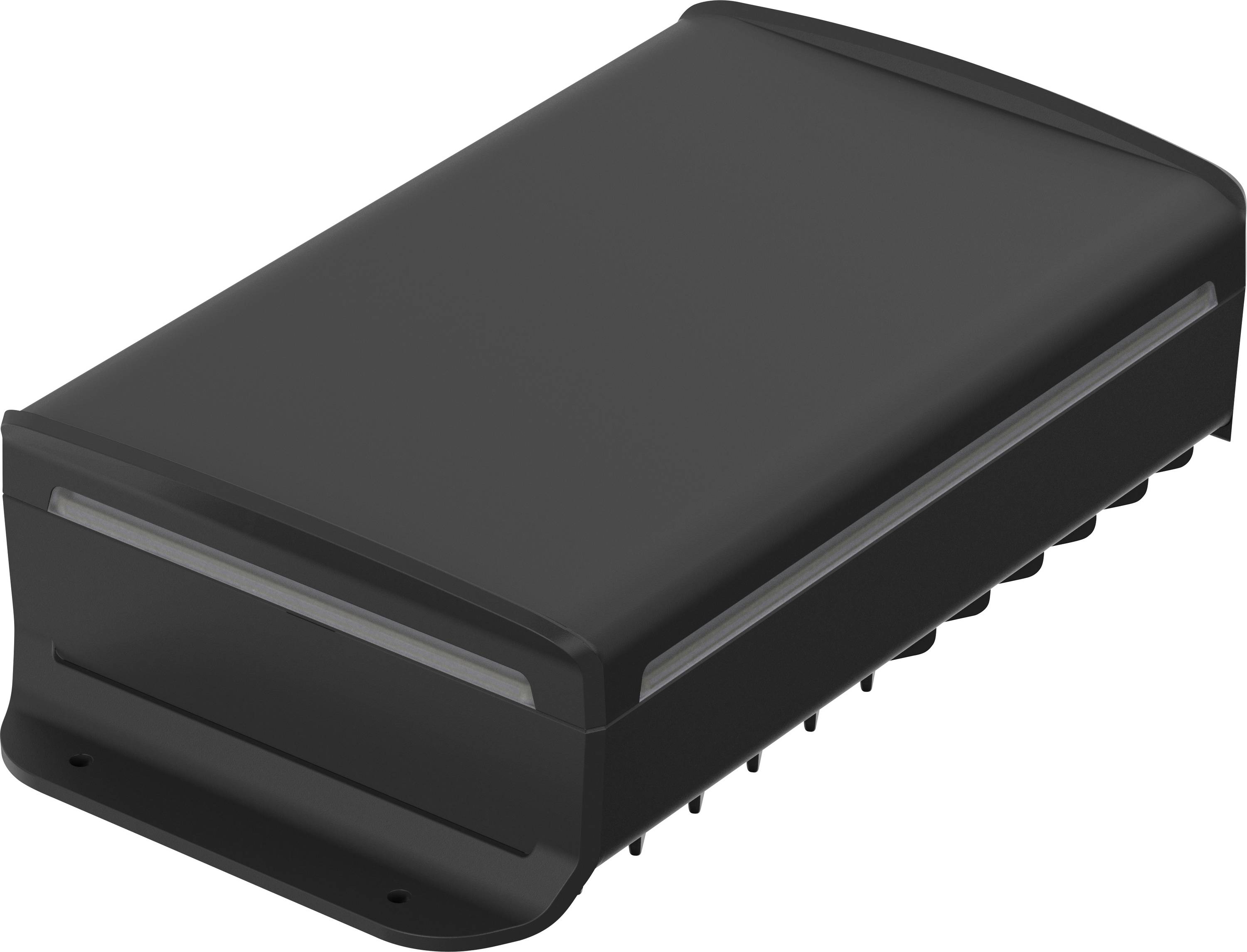 A rectangular, black plastic enclosure with rounded corners and a smooth surface. It is used to securely cover devices.