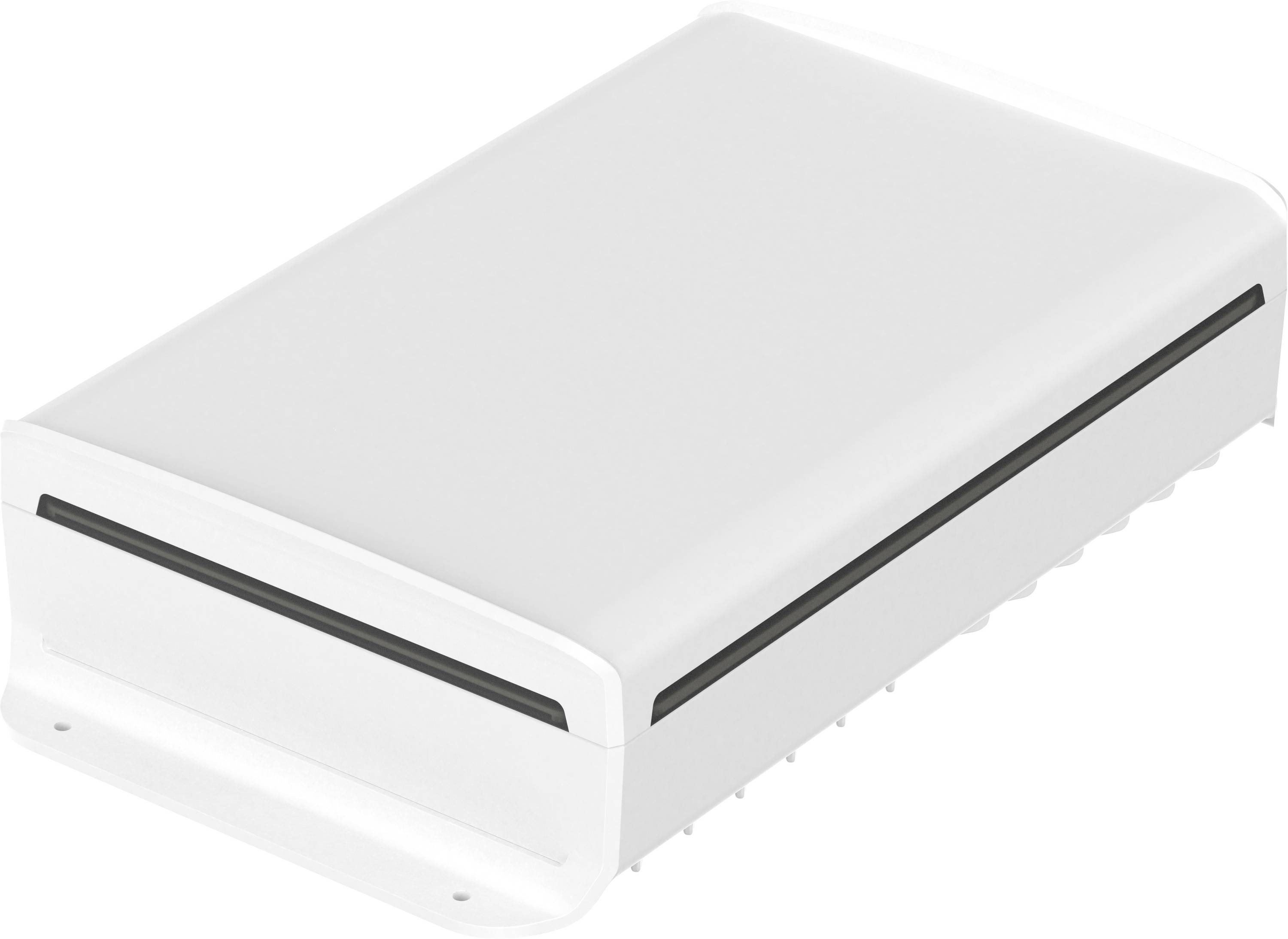 White, rectangular device with rounded corners and a black line on the side.