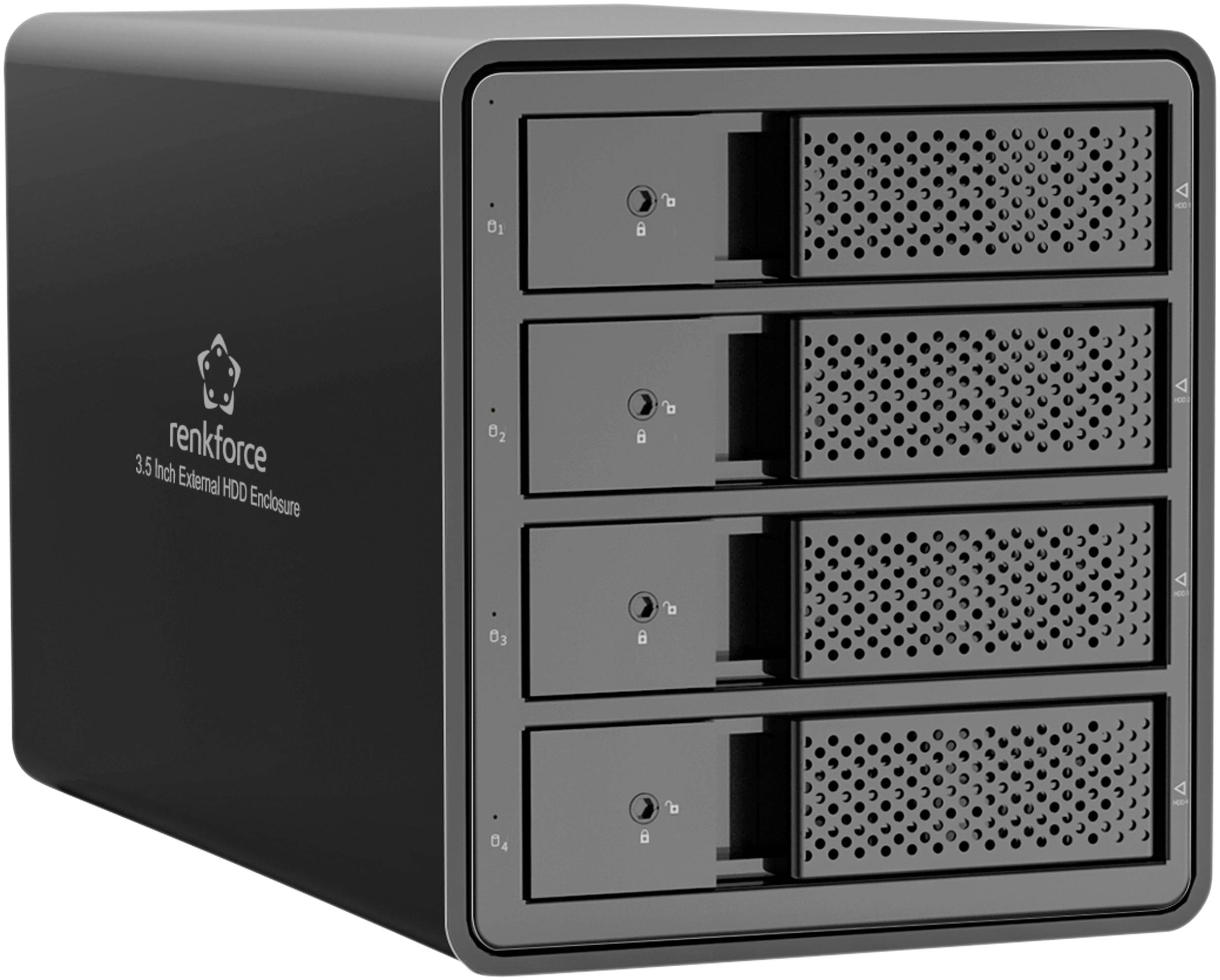 External hard drive enclosure with four bays for 3.5-inch drives, black in colour, brand logo visible.