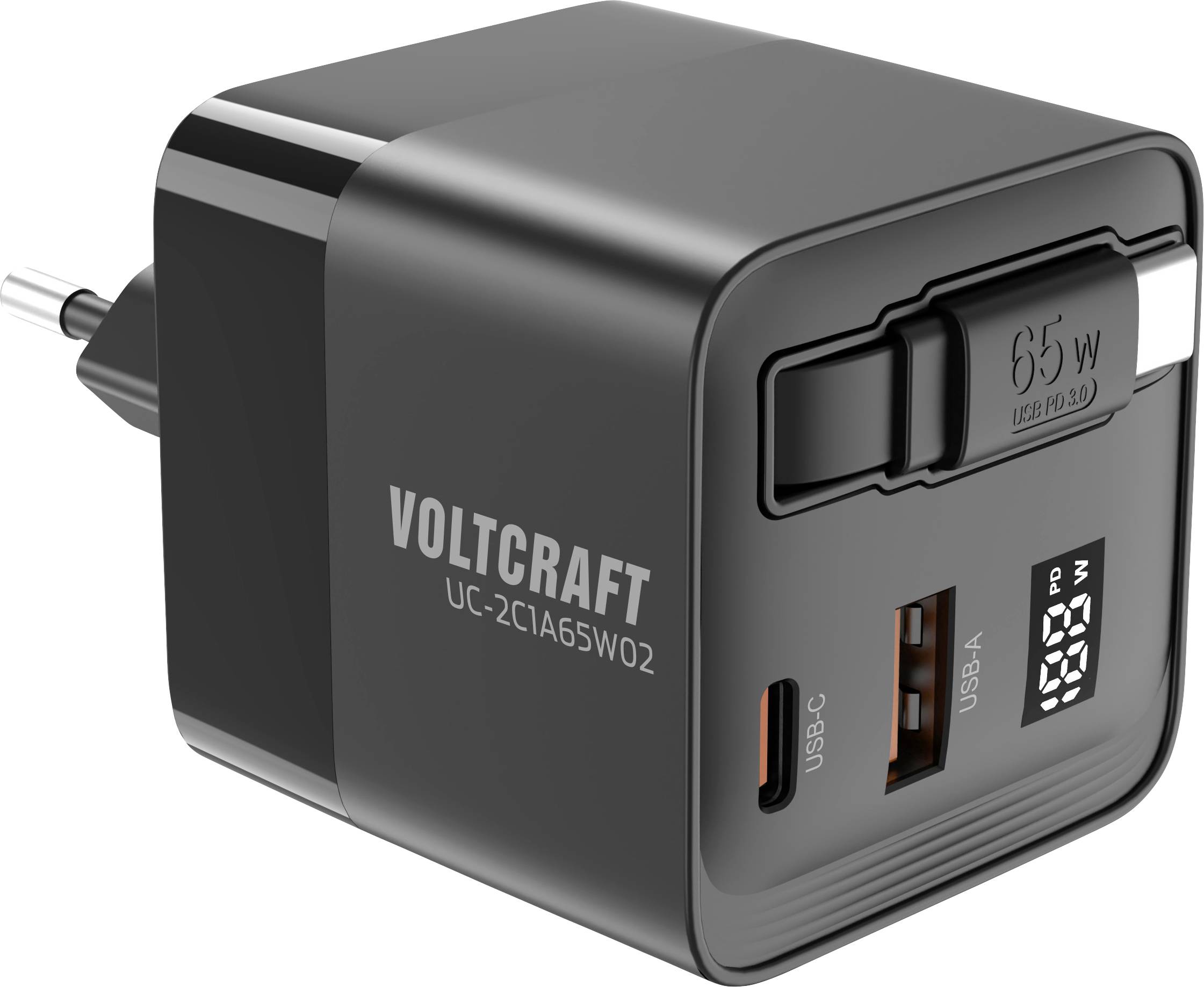 Black USB charger with two ports (USB-C, USB-A), LED indicator, and 65W power output. Model: 'VOLTCRAFT UC-2C1A65W02'.