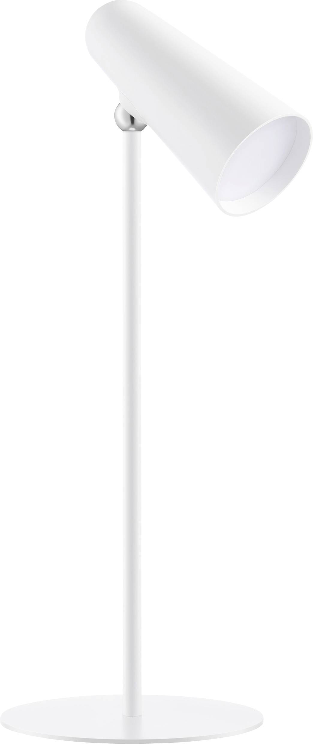 White, modern table lamp with a slender stand and a conical lampshade.