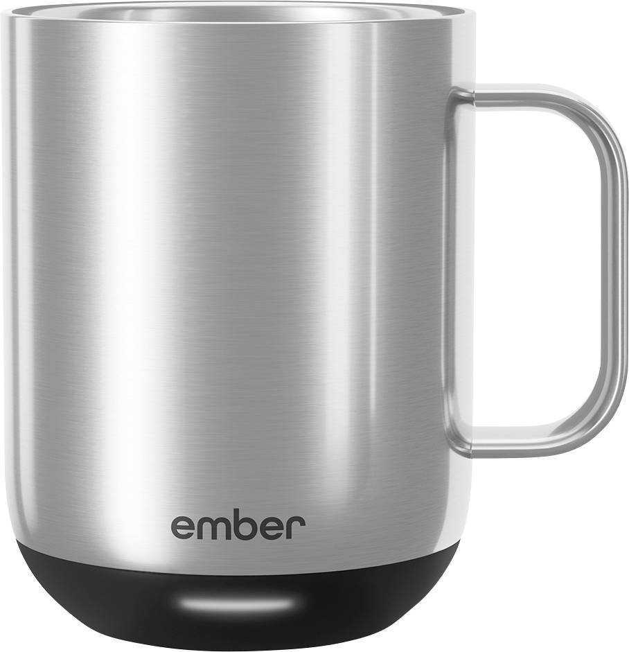 A silver metal coffee cup with a black base and handle. The word 'ember' is printed on the front.