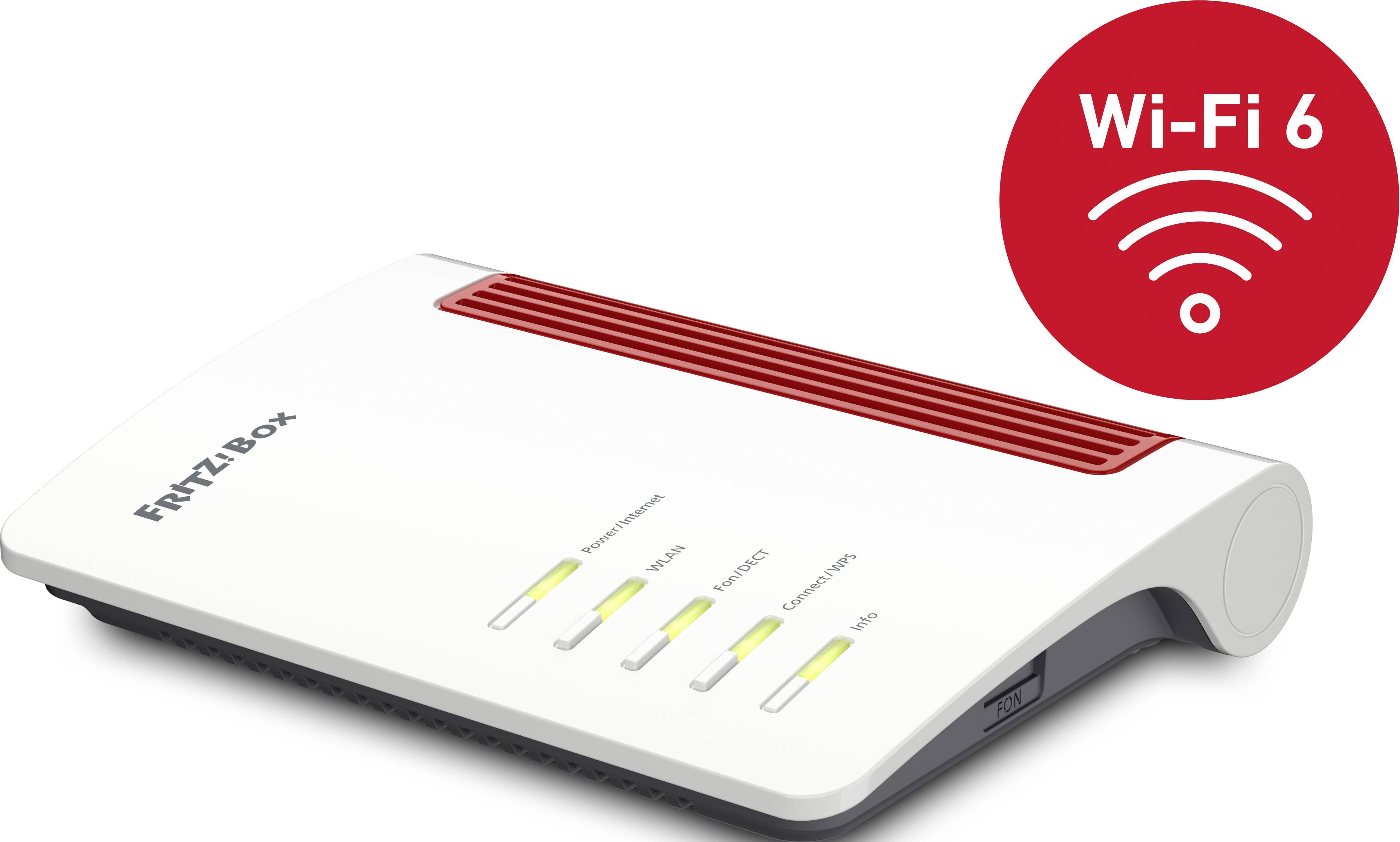 A white Wi-Fi router with red details, supporting Wi-Fi 6. Four illuminated status indicators at the front, representing different functions.