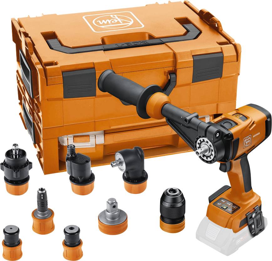 Cordless drill with multiple attachments and carrying case. Ideal for versatile screwing and drilling applications.