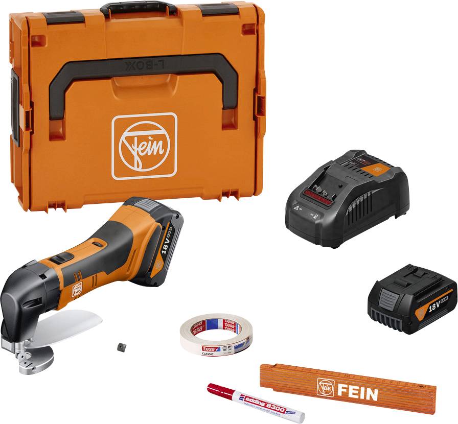 Tool set comprising an oscillating multi-tool, battery, charger, red marker, and tape measure, with an orange transport case.