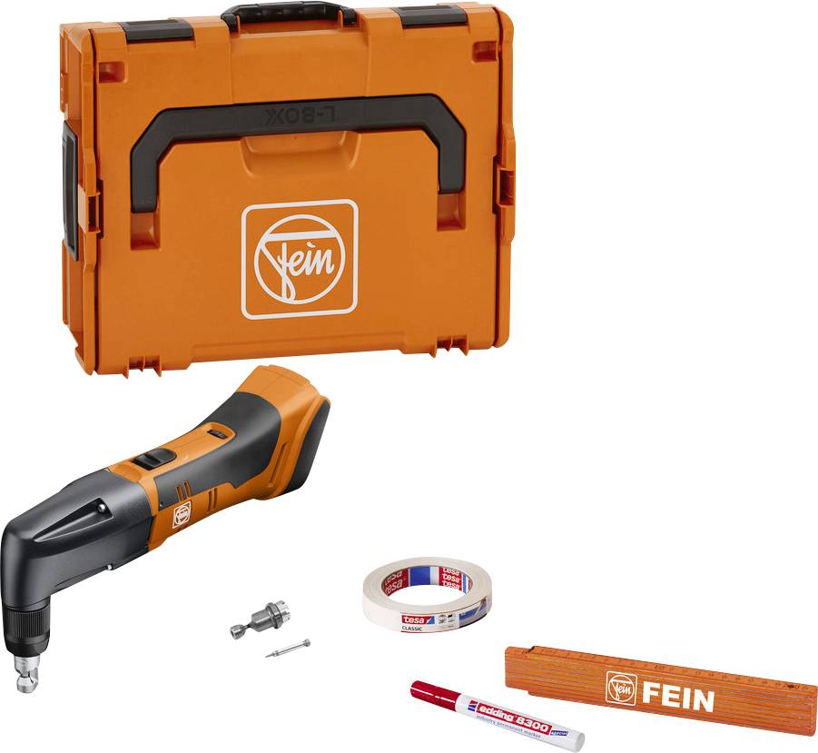 An orange electrical tool set consisting of an oscillating tool, an orange case, accessory parts, adhesive tape, and a pen.