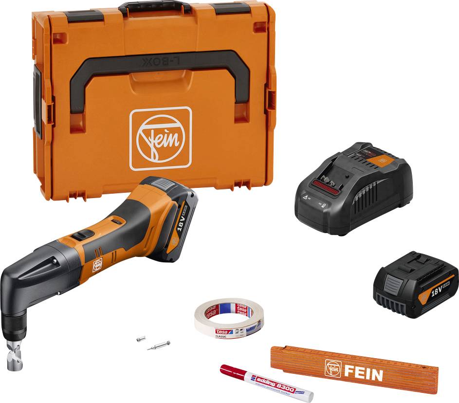 Multifunctional tool set with an orange-black device, batteries, charger, and accessories. An orange case is visible in the background.