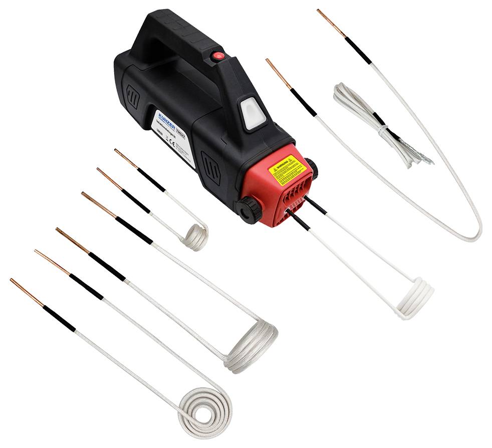 An electric induction heating device with multiple heating coils of various shapes and sizes. Suitable for precise heating of metal components.