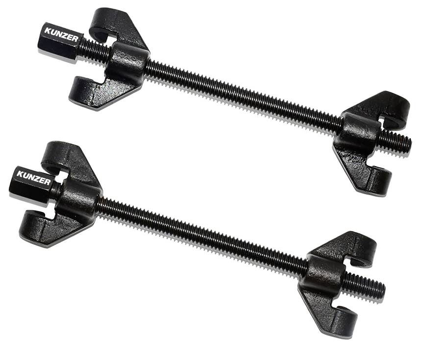 Two black spring compressors with threaded rods and hooks at the ends, used for securely compressing coil springs in vehicles.