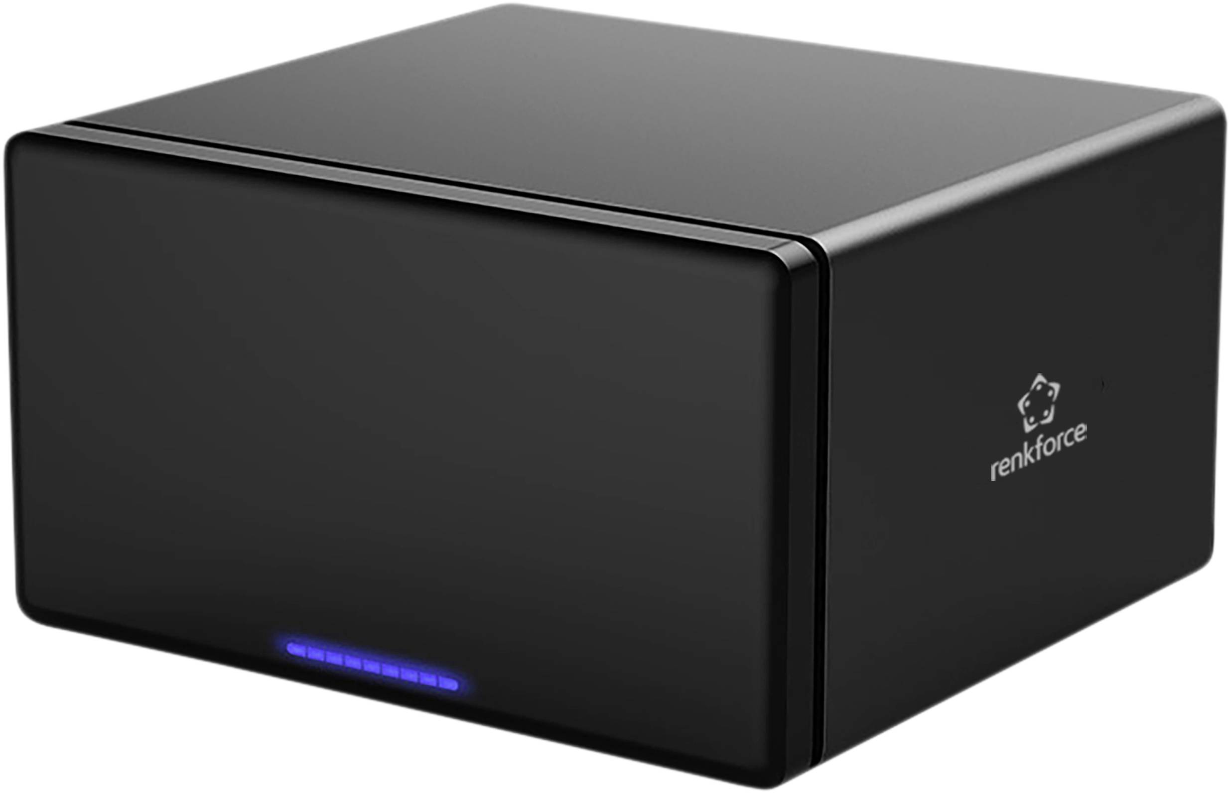 Black external hard drive enclosure with blue LED light and 'renkforce' logo, suitable for data storage and backup.