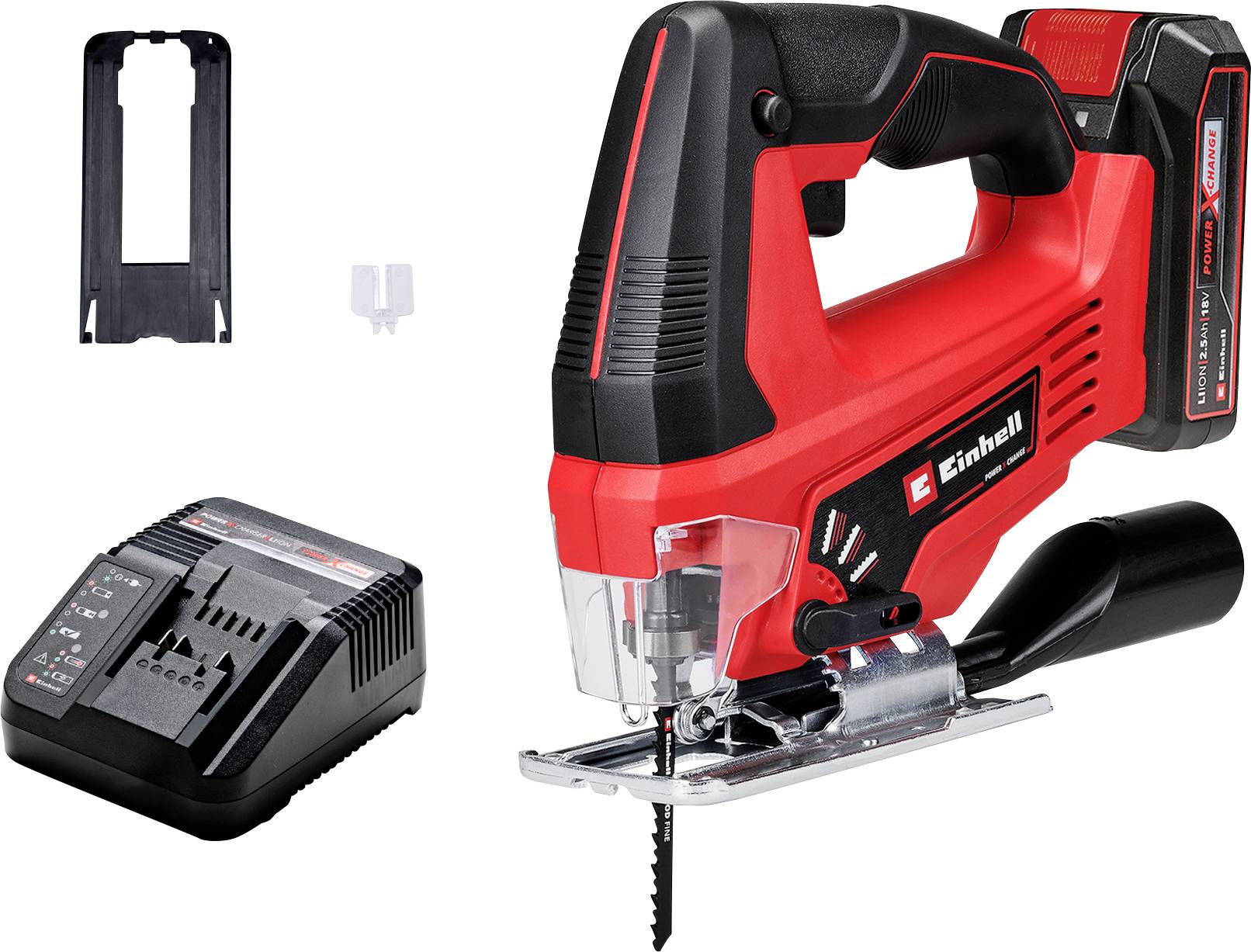 Acoustic saw with charger and battery, black-red, suitable for precise sawing work; includes storage mountings.