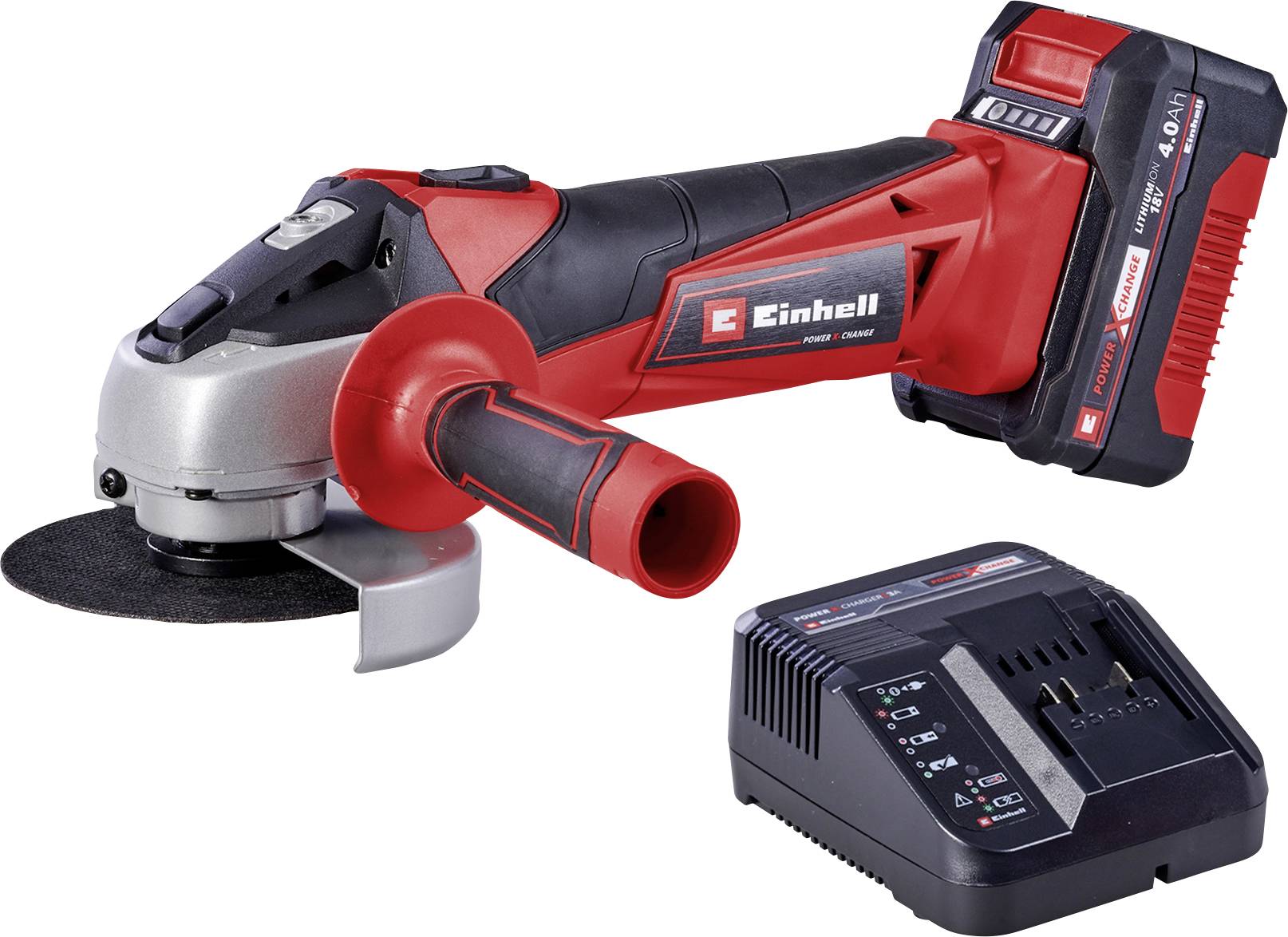 Battery-powered angle grinder in red and black with matching charger. Brand names are visible on the device and charger.