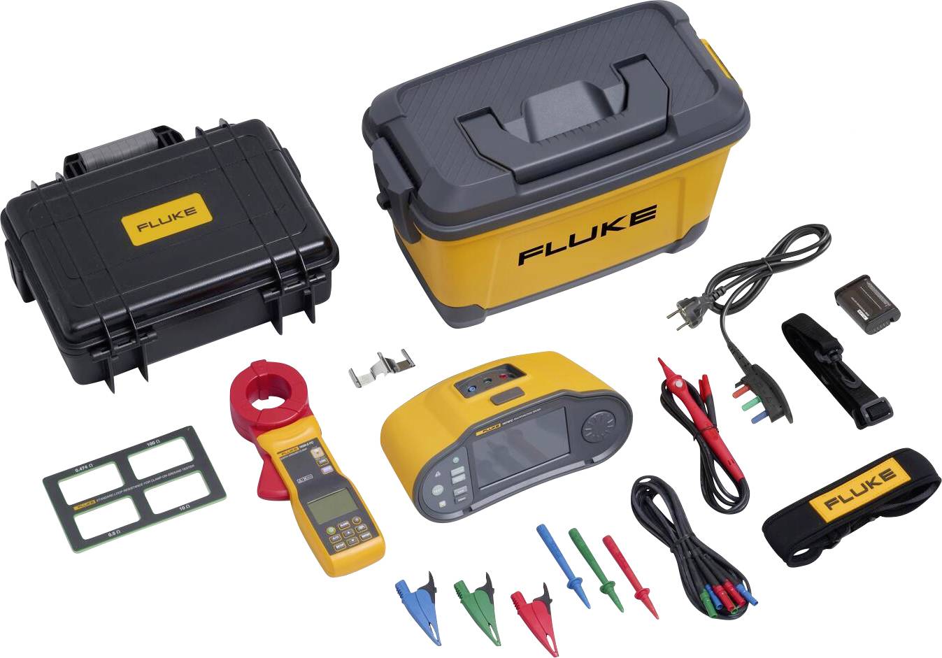 Various tools and measuring devices, including a digital multimeter, test leads and accessories, in a yellow and black design.
