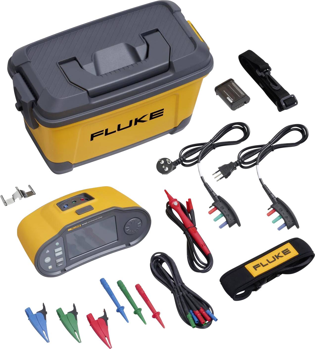 Set of electronic measuring instruments, including a yellow testing device, cables with clips, batteries and accessory parts.