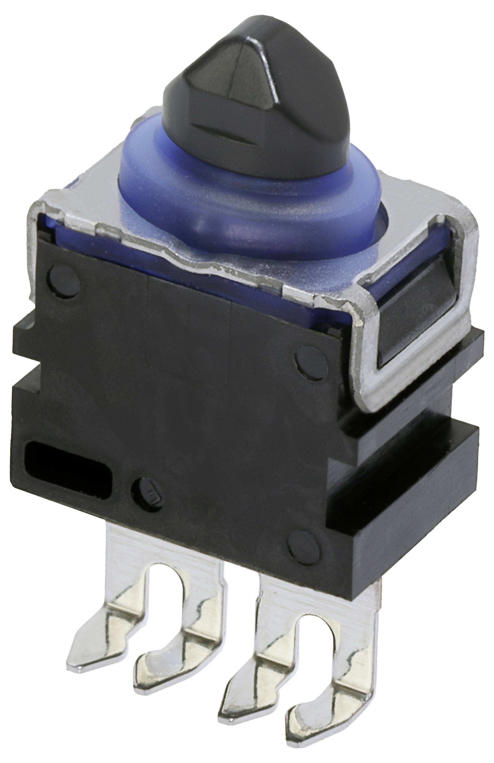Black, toggle switch-style switch with two metal terminals at the bottom, blue ring at the top, suitable for electronic applications.