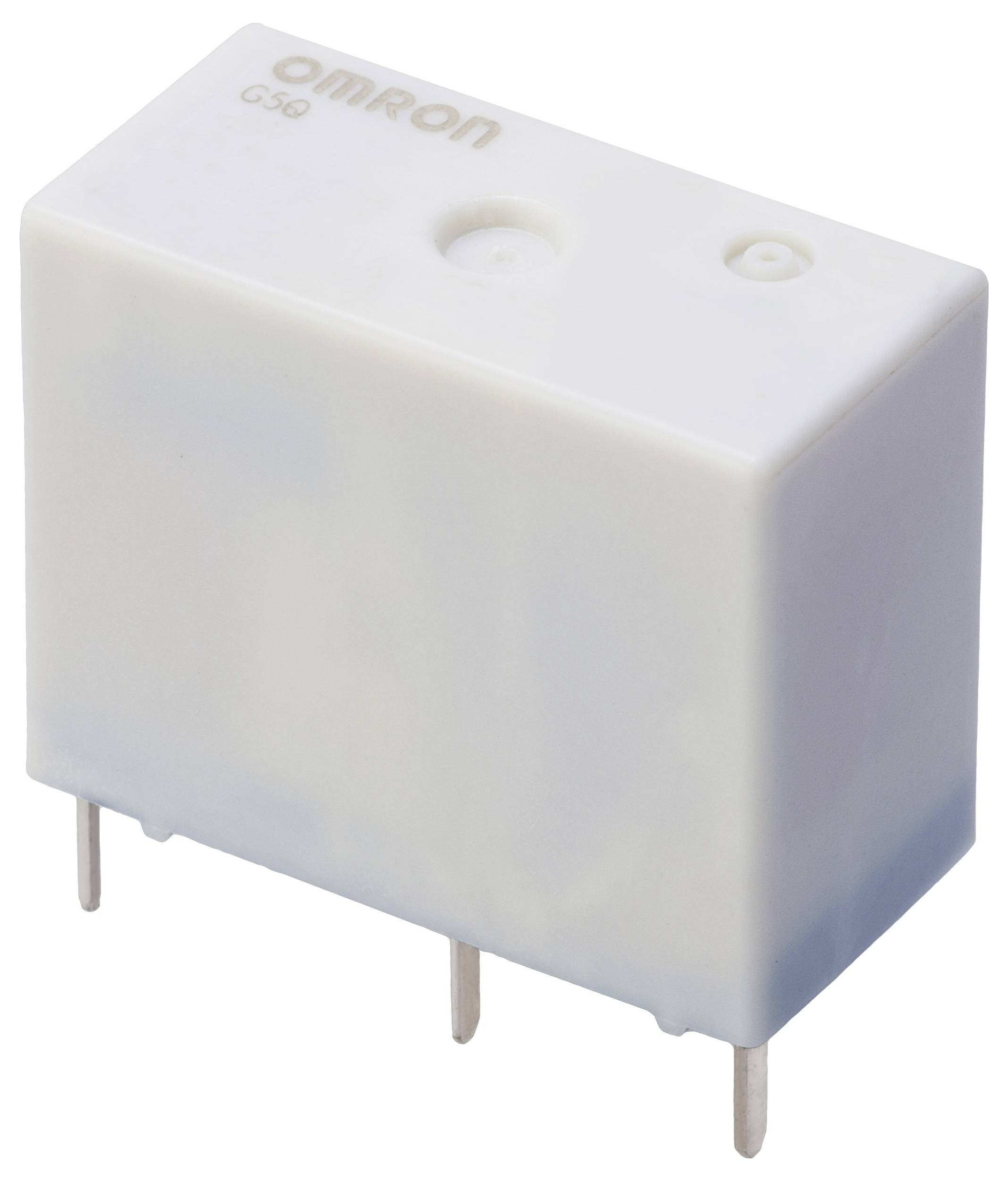 A white, rectangular relay with four metal pins at the bottom. The brand 'OMRON' is printed on the top.