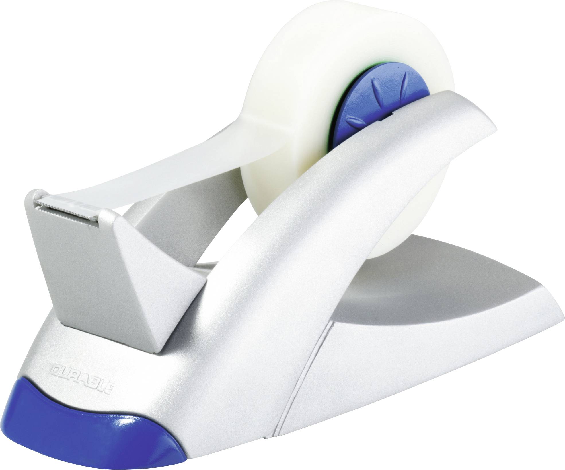 A silver tape dispenser with a blue and white roll, used for providing adhesive tape for office or home purposes.