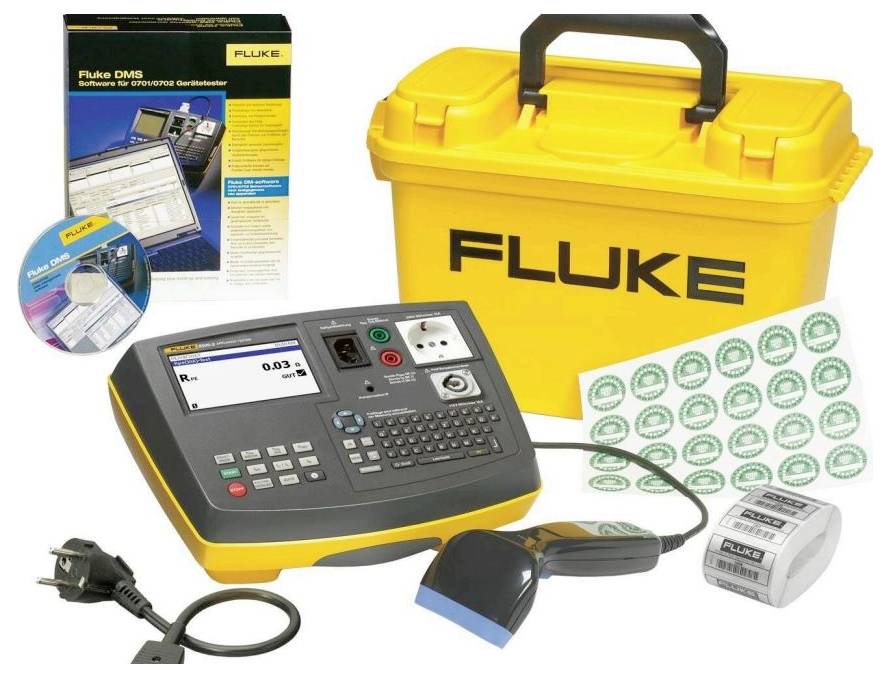 'Fluke DMS Software for PAT testers' includes tester device, yellow carrying case, CDs, manual, barcode labels, and plug adapter.