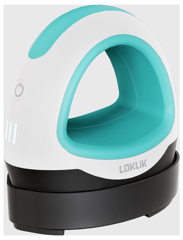 Modern cordless iron in white and turquoise, standing on a black base. Recognisable logo on the front.