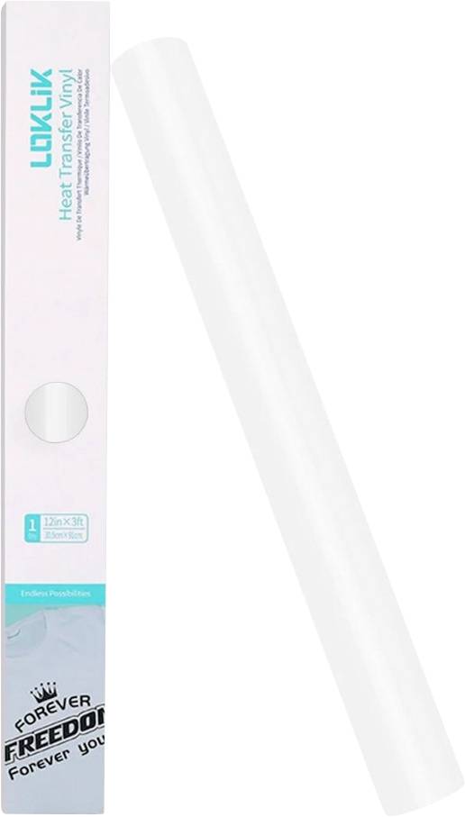 A white roll of heat transfer film, standing upright next to packaging that indicates the brand and size. Ideal for textile printing.